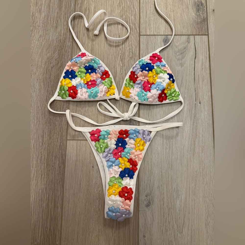 White and Red String Bikini Set with Adjustable Ties